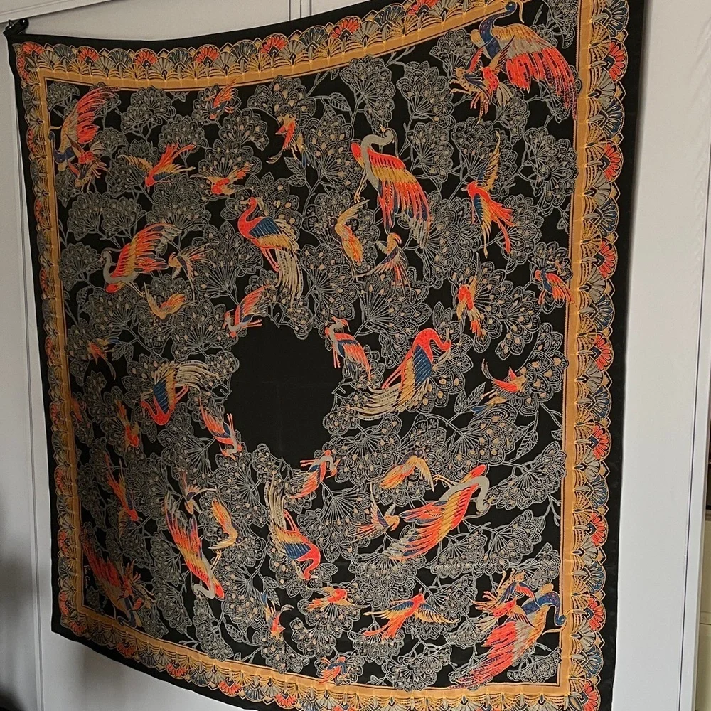 Pierre Cardin Oversized Silk Scarf 55x55 Birds Crane Print Black Gold